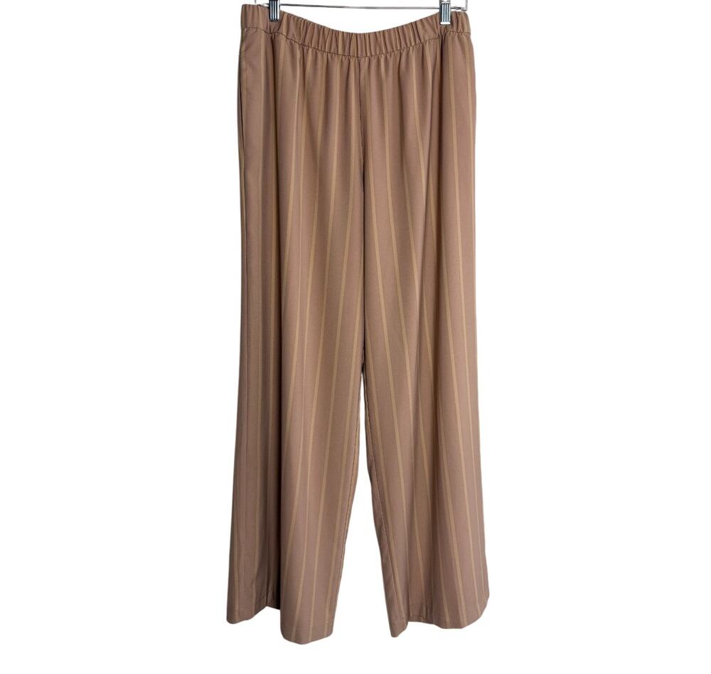 Worthington Striped Wide Leg Pants Medium Tan Pull On Elastic Waist Work Chic